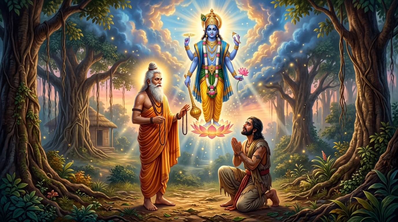 मुनि गौतम राजा हरिश्चंद्र को अजा एकादशी का व्रत बताते हुए, ऊपर भगवान विष्णु का दिव्य दर्शन, व्रत कथा चित्र