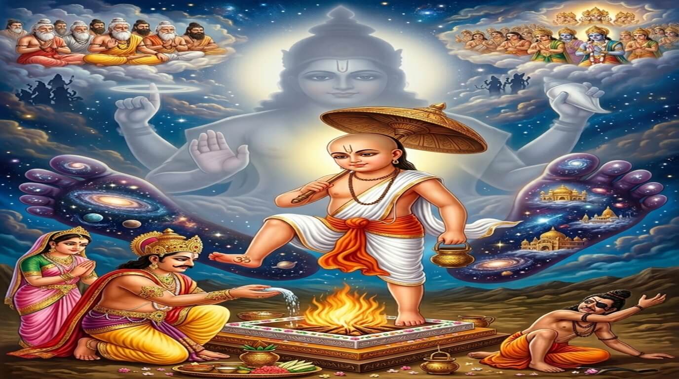 भगवान विष्णु वामन रूप में राजा बलि के सामने तीन पग भूमि मांगते हुए, देवशयनी एकादशी व्रत कथा चित्र