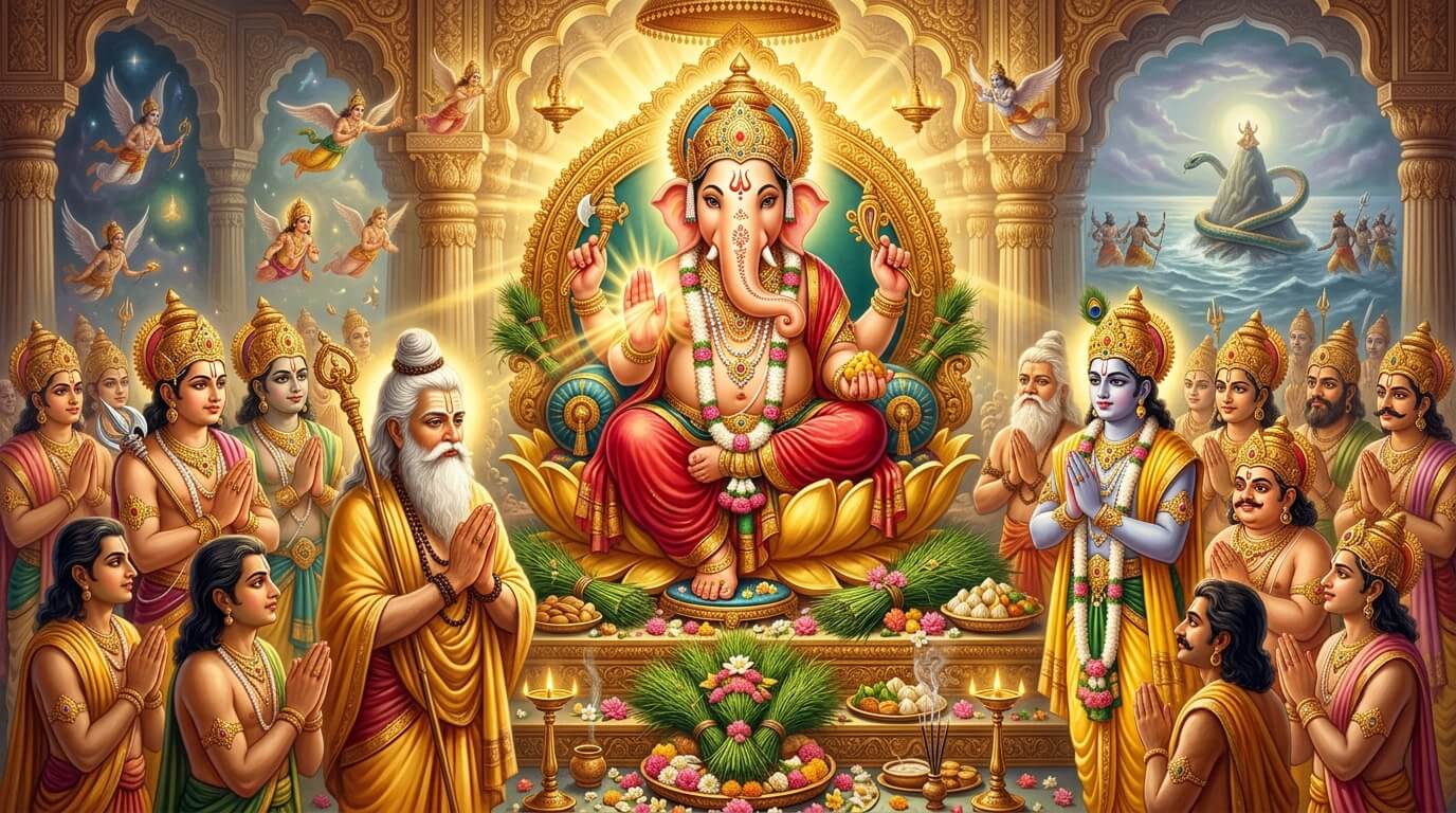 दूर्वा गणपति चतुर्थी कथा, देवताओं की पूजा और समुद्र मंथन