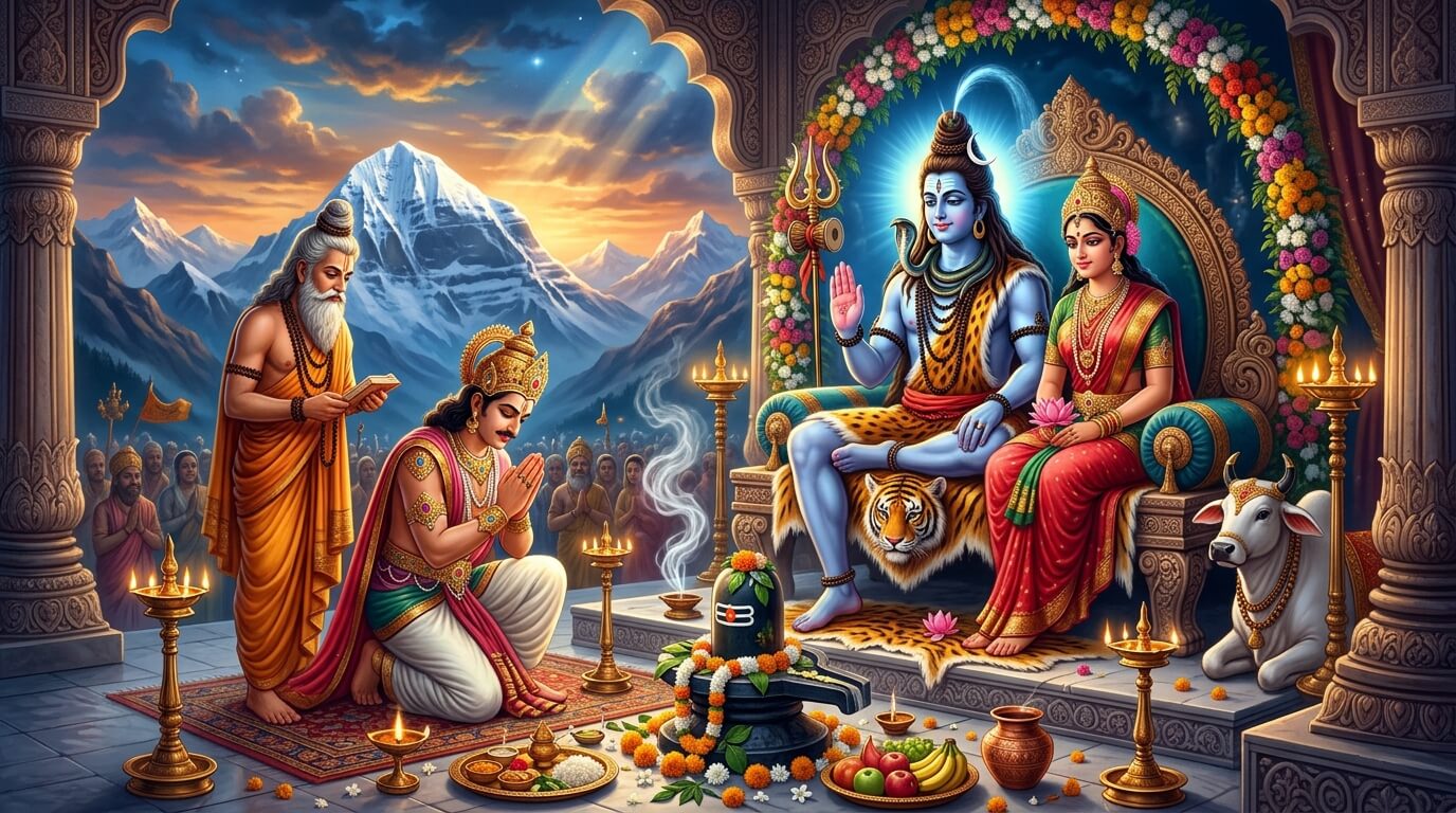 इंद्रदेव गुरु बृहस्पति के साथ शिव-पार्वती के सामने गुरु प्रदोष व्रत करते हुए - कथा दृश्य