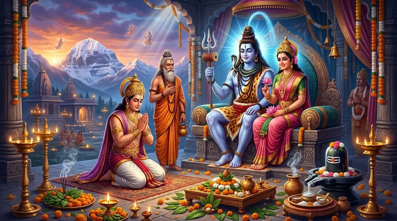 गुरु प्रदोष व्रत कथा - इंद्र को बृहस्पति का मार्गदर्शन और शिव कृपा इंद्रदेव गुरु बृहस्पति के साथ शिव-पार्वती के सामने गुरु प्रदोष व्रत करते हुए - कथा दृश्य