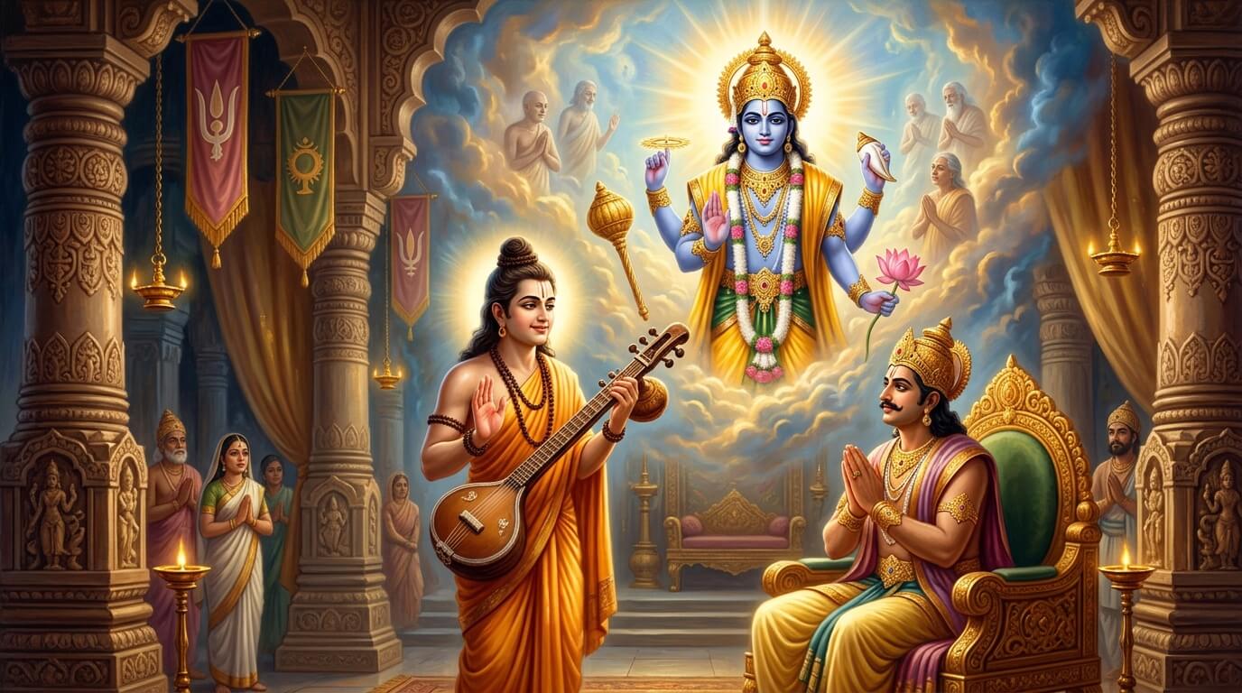 देवर्षि नारद राजा इंद्रसेन को इंदिरा एकादशी का महत्व समझाते हुए, ऊपर भगवान विष्णु का दिव्य दर्शन, व्रत कथा चित्र