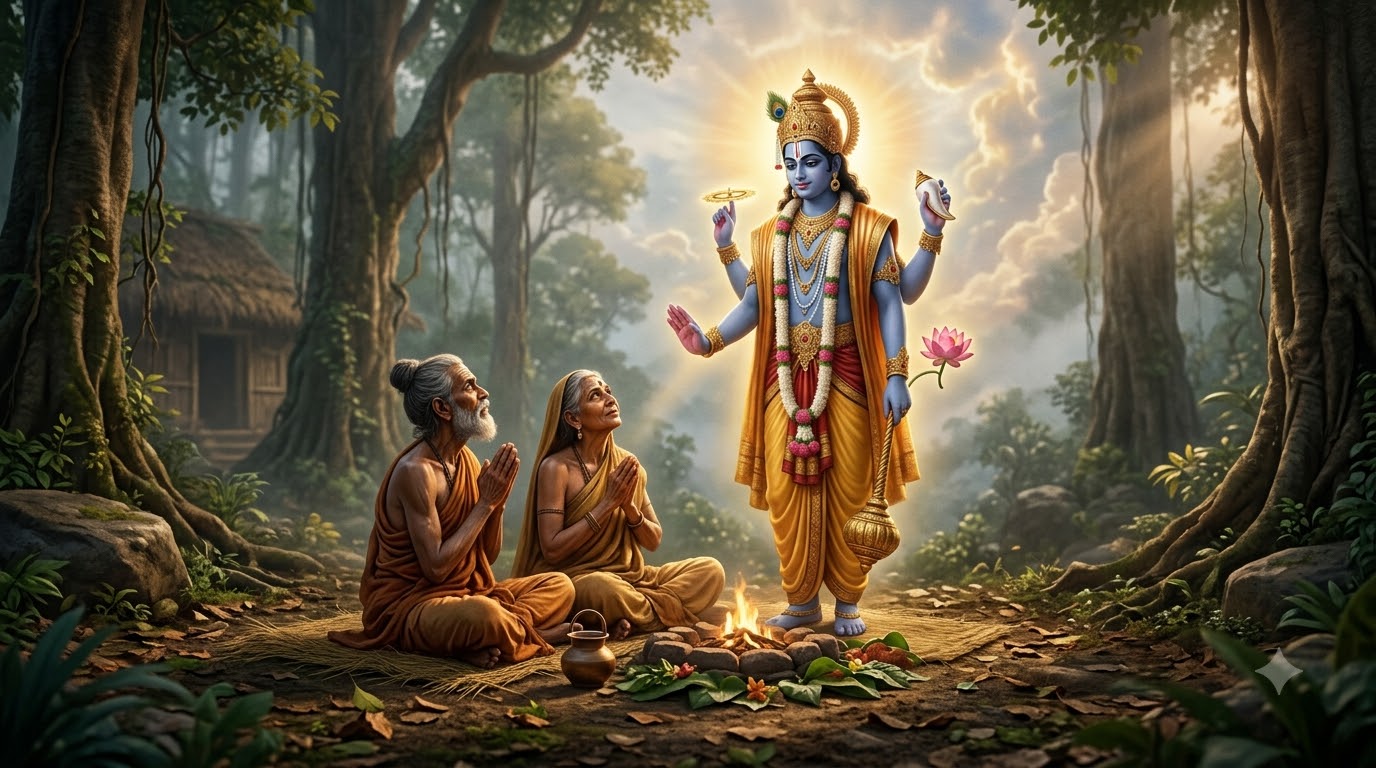 पृश्नि और सुतपा नाम के दंपती घोर तपस्या में लीन हैं, भगवान नारायण प्रकट होकर वरदान देते हुए, जन्माष्टमी देवकी वसुदेव पूर्वजन्म कथा चित्र