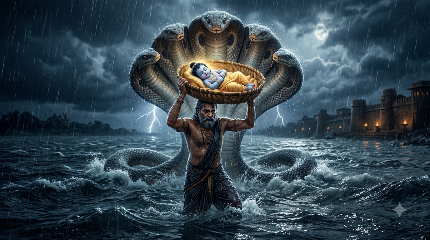 वसुदेव रात्रि में नवजात कृष्ण को टोकरी में लेकर तूफानी यमुना पार करते हुए, शेषनाग छत्र बनाए हुए, जन्माष्टमी व्रत कथा चित्र