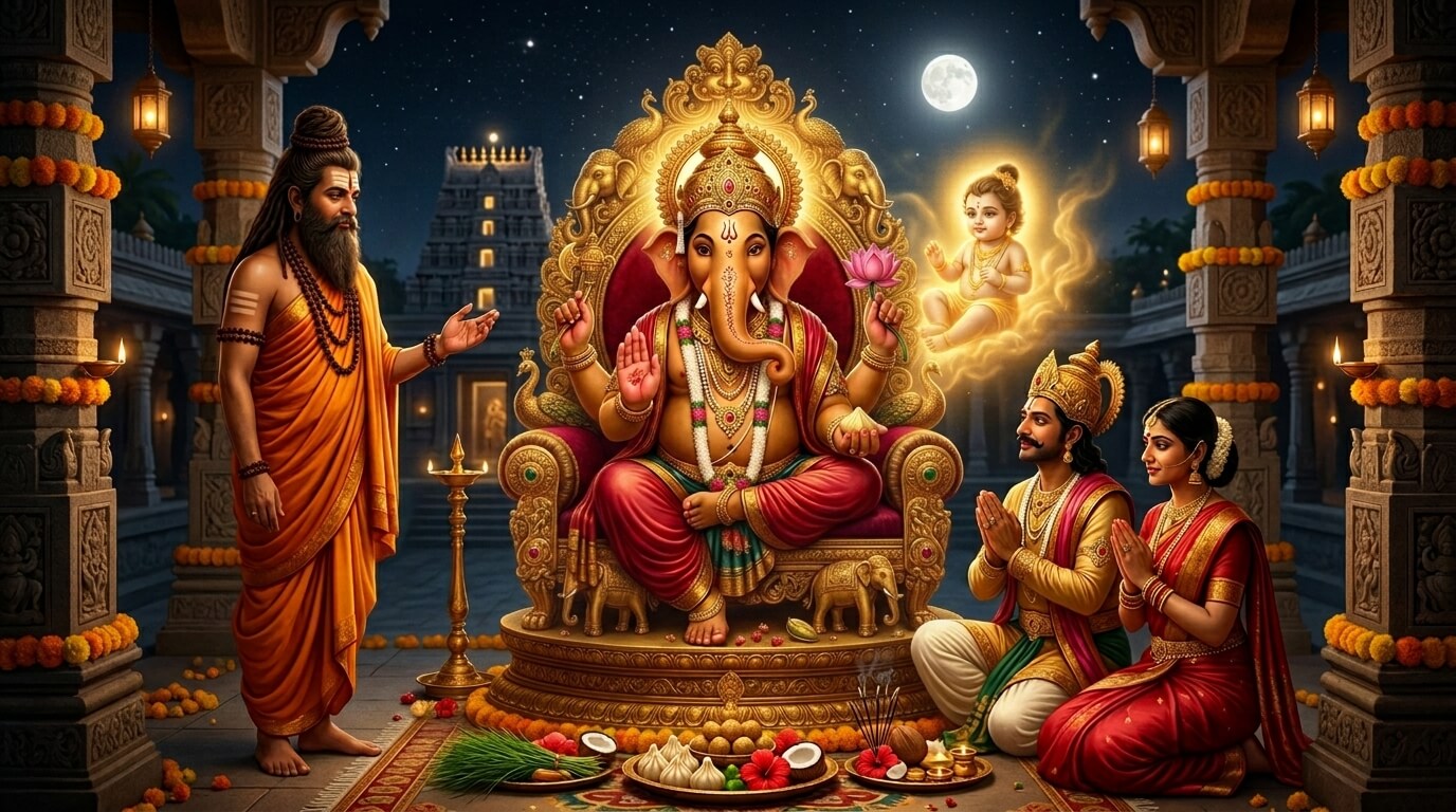 भगवान गणेश की पूजा करते भक्त, कृष्णपिंगल संकष्टी चतुर्थी व्रत कथा चित्र