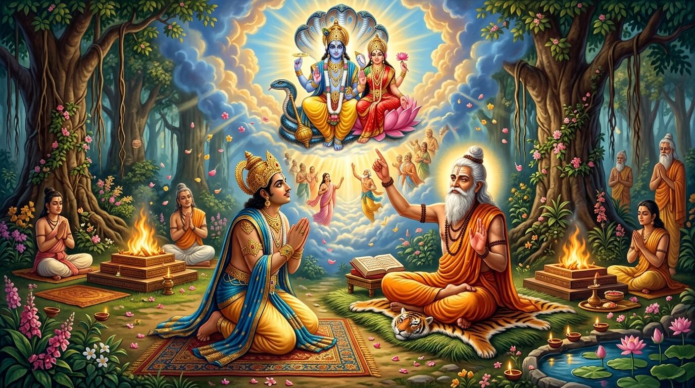 राजा वैखानस महर्षि पर्वत के आश्रम में पितरों की मुक्ति का उपाय पूछते हुए, मोक्षदा एकादशी व्रत कथा चित्र