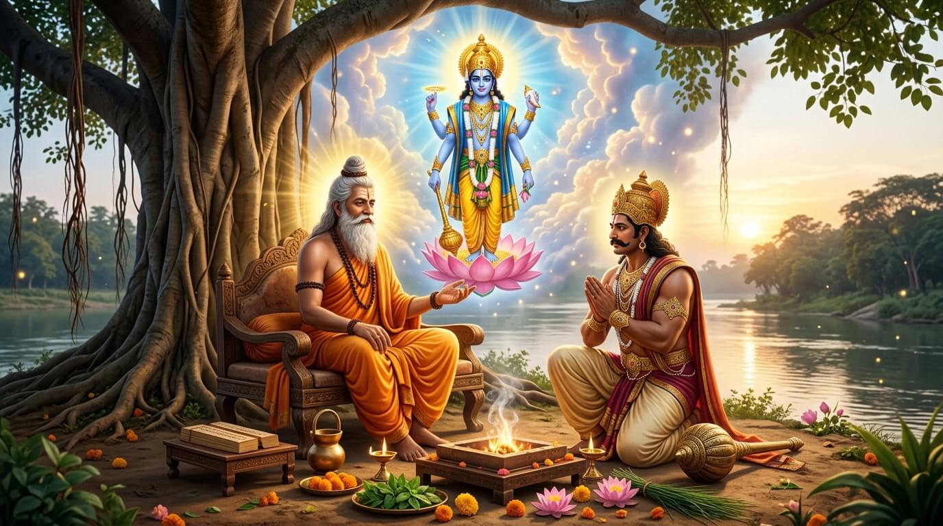 महर्षि व्यास वटवृक्ष के नीचे भीमसेन को निर्जला एकादशी का महत्व समझाते हुए, ऊपर भगवान विष्णु का दिव्य दर्शन — व्रत कथा चित्र