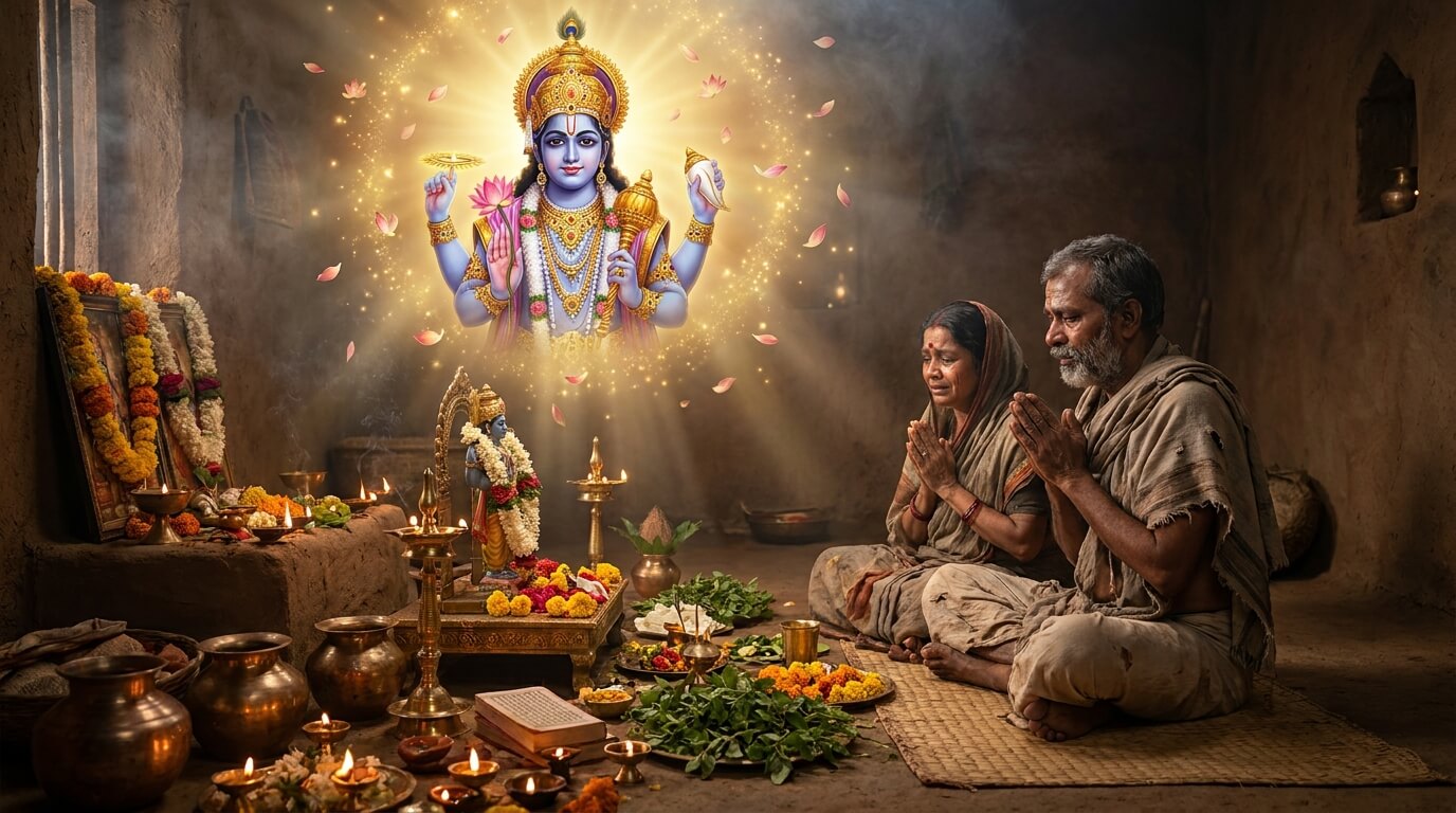 परमा एकादशी व्रत कथा - सुमेधा दंपत्ति और भगवान विष्णु का आशीर्वाद कम्पिल्य नगर के ब्राह्मण सुमेधा और उनकी पत्नी भगवान विष्णु की पूजा करते हुए, परमा एकादशी व्रत कथा