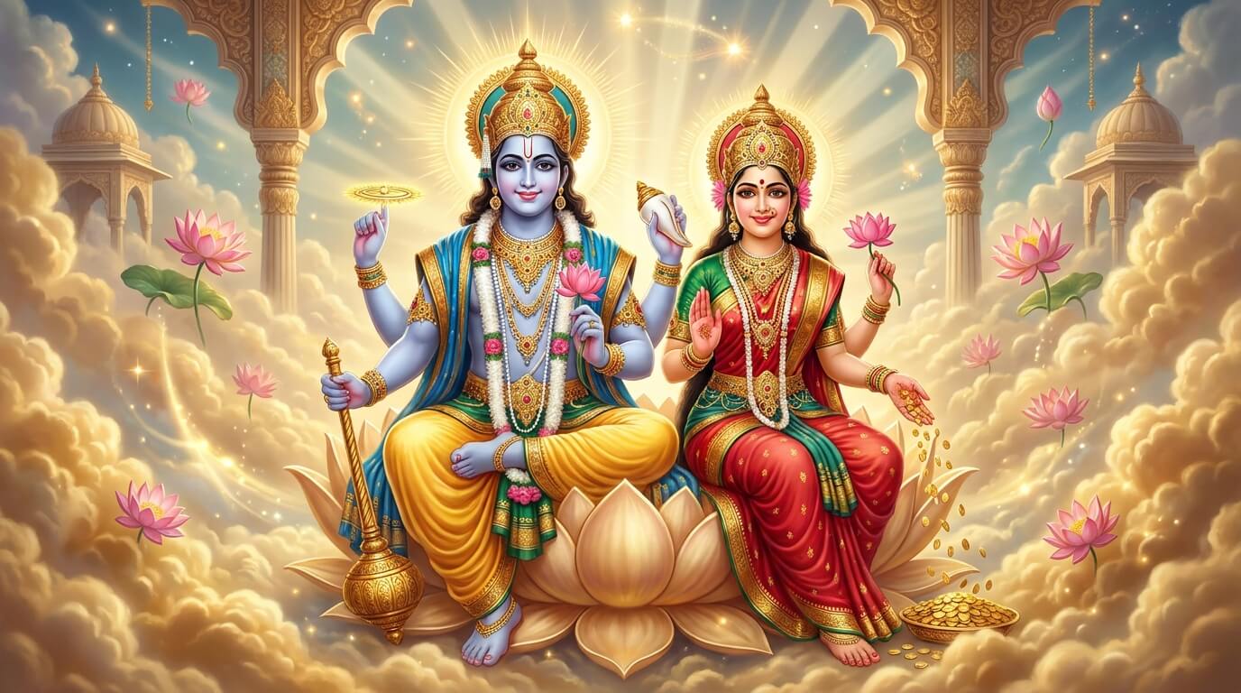 महापुरुषोत्तमी परमा एकादशी 2026 - भगवान विष्णु और माता लक्ष्मी भगवान विष्णु और माता लक्ष्मी कमल आसन पर विराजमान, महापुरुषोत्तमी परमा एकादशी 2026