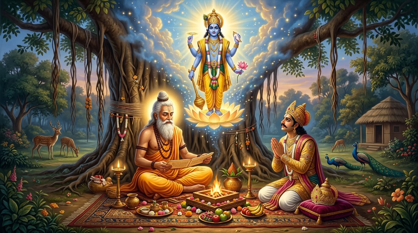 पार्श्व एकादशी व्रत कथा - राजा मंधाता और ऋषि अंगिरस का संवाद ऋषि अंगिरस वन में राजा मंधाता को पार्श्व एकादशी का व्रत बताते हुए, ऊपर भगवान विष्णु का दिव्य दर्शन, व्रत कथा चित्र