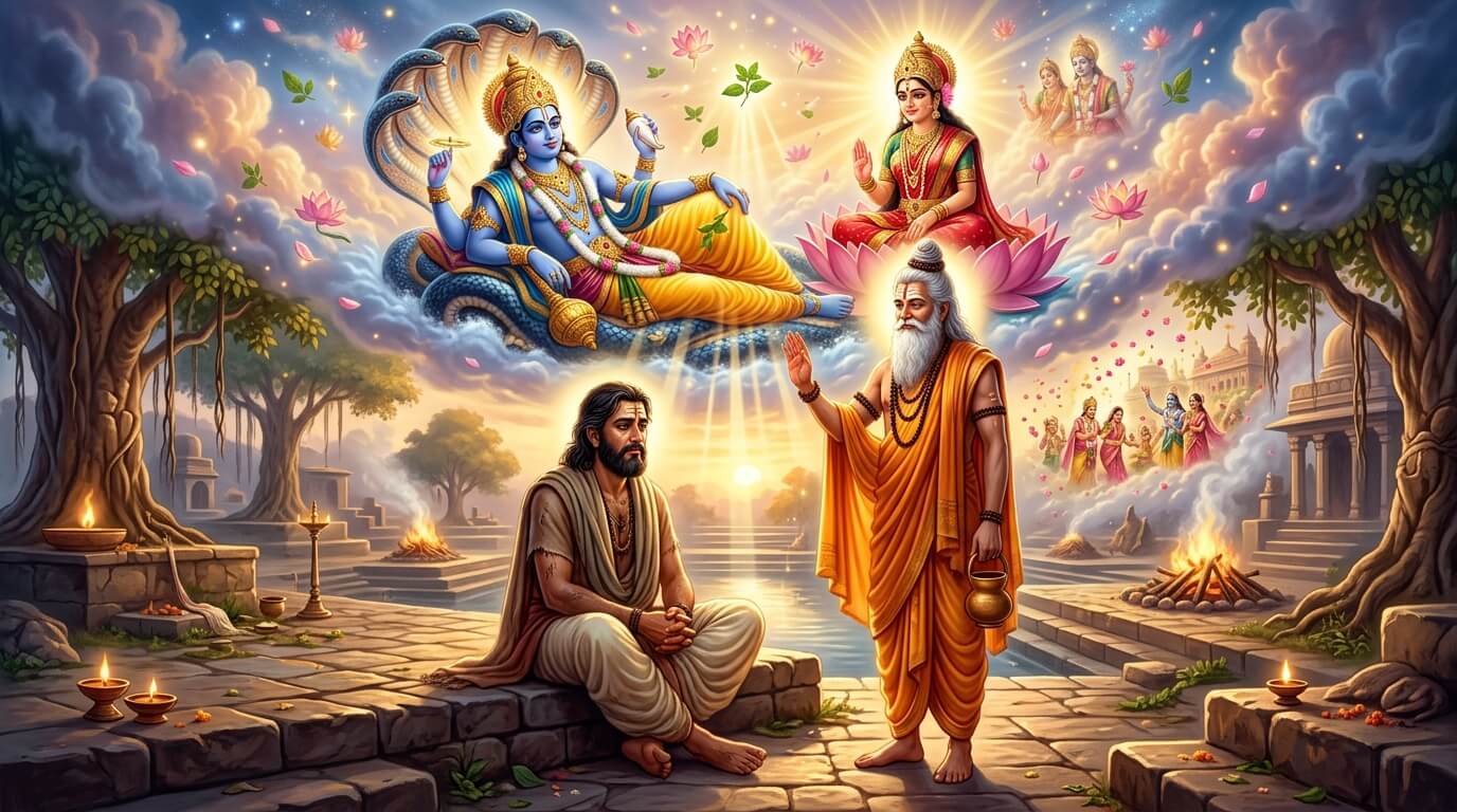 श्मशान में राजा हरिश्चंद्र व्यथित बैठे हैं, महर्षि गौतम उनके पास पहुँचकर प्रबोधिनी एकादशी का व्रत बताते हुए, प्रबोधिनी एकादशी व्रत कथा चित्र