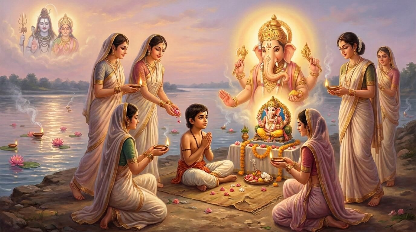 नदी तट पर भगवान गणेश की पूजा करते भक्त, प्रद्युम्न विनायक चतुर्थी व्रत 2026