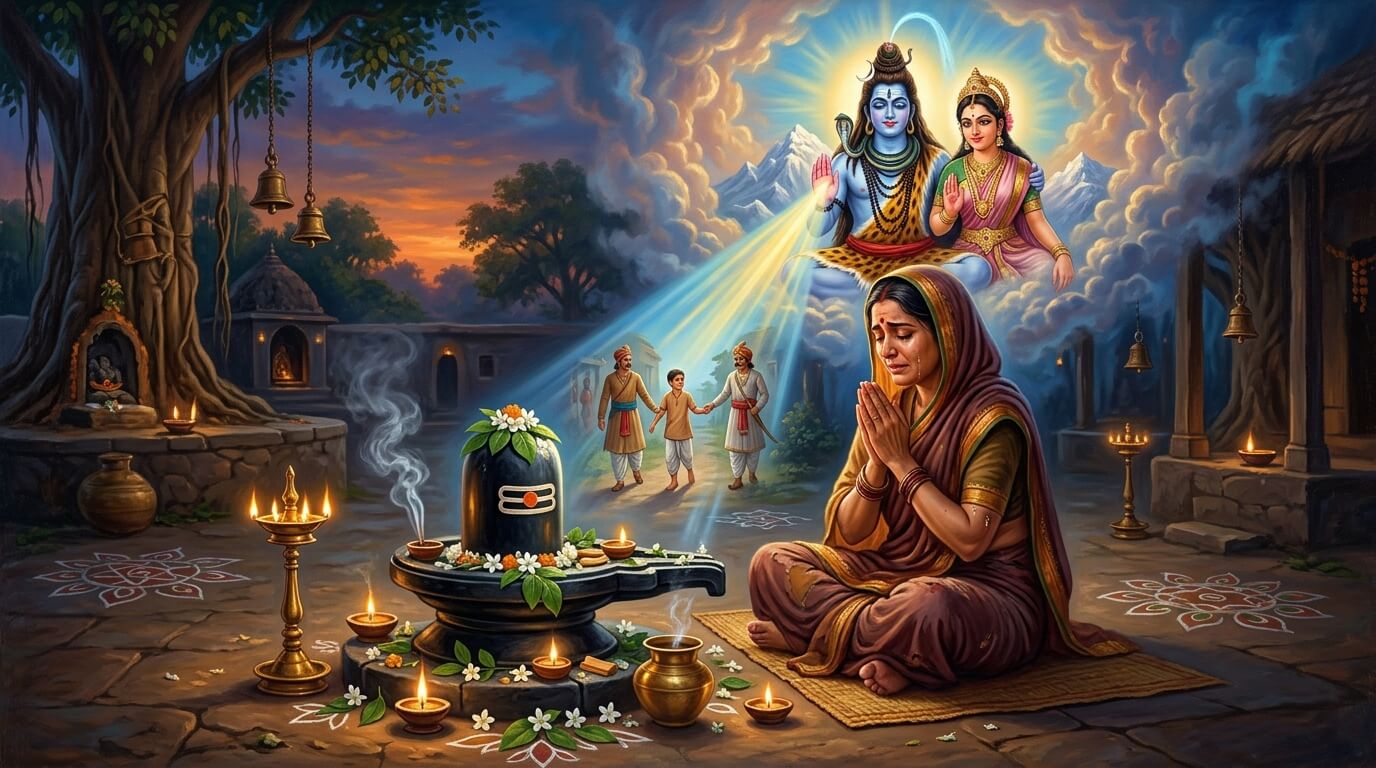 एक साध्वी ब्राह्मणी भगवान शिव के सामने हाथ जोड़कर बैठी है, शिव की दिव्य कृपा से उसके पुत्र की रक्षा होती है, रवि प्रदोष व्रत कथा चित्र
