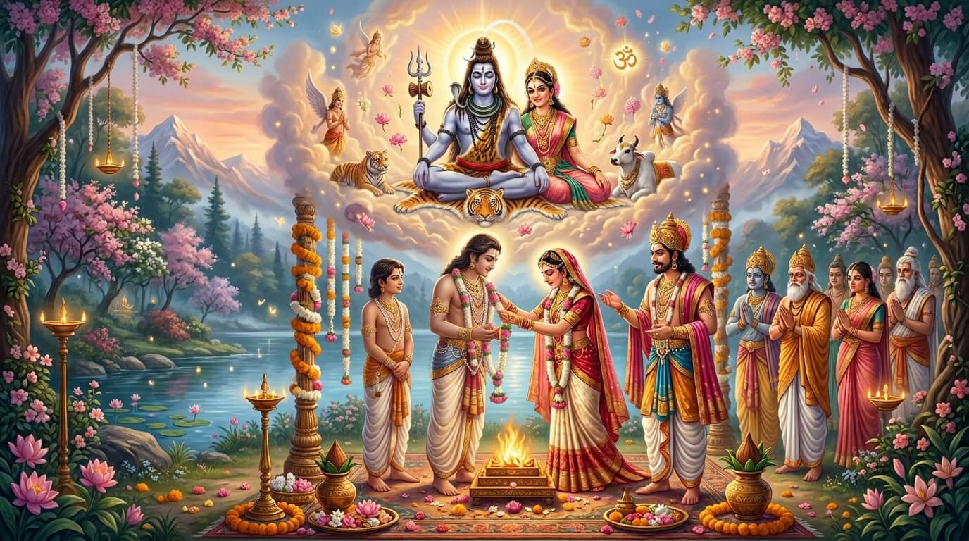 धर्मगुप्त और अंशुमति का गंधर्व विवाह, शुचिव्रत साथ खड़े हैं, ऊपर भगवान शिव और माता पार्वती का दिव्य आशीर्वाद, शनि प्रदोष व्रत कथा चित्र
