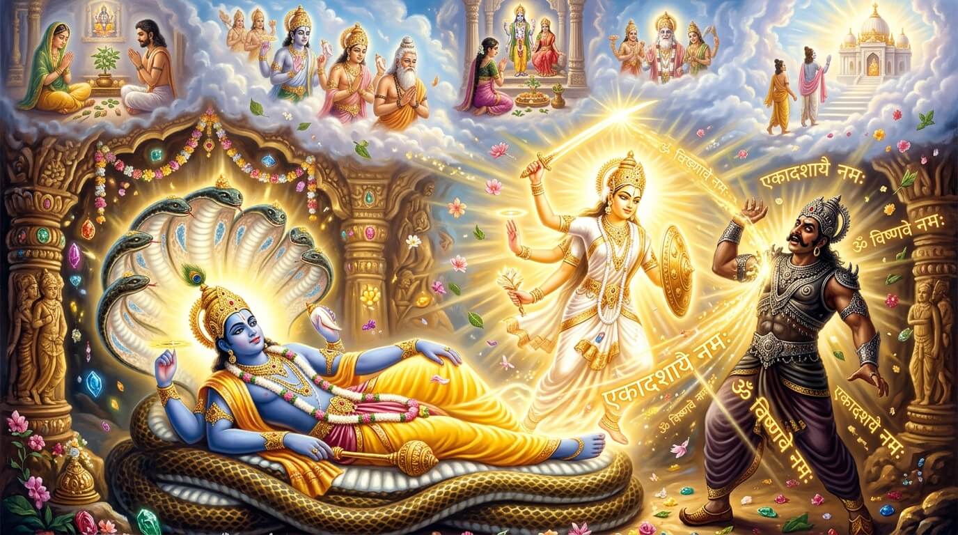 भगवान विष्णु की योगनिद्रा से एकादशी देवी प्रकट होकर मुरासुर का वध करती हैं, उत्पन्ना एकादशी व्रत कथा चित्र