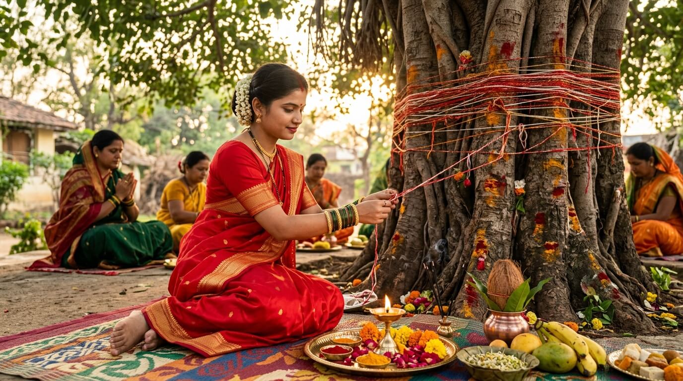 वट सावित्री व्रत 2026 - लाल साड़ी में सुहागिन स्त्री बरगद के पेड़ पर धागा बाँधकर पूजा करती हुई