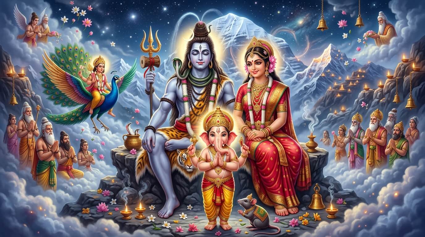 भगवान गणेश माता पार्वती और शिवजी की परिक्रमा करते हुए — विभुवन संकष्टी चतुर्थी व्रत कथा