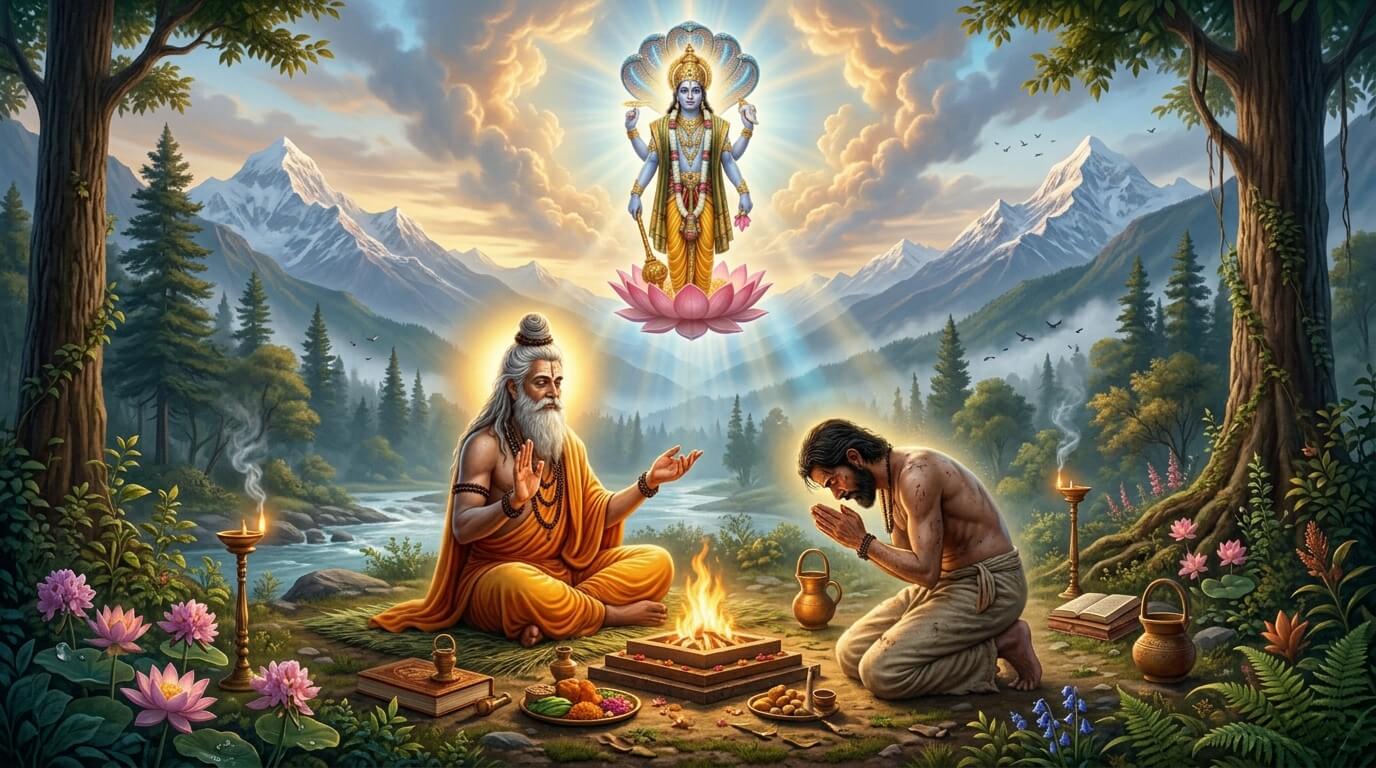 मार्कण्डेय ऋषि हेममाली को योगिनी एकादशी का महत्व समझाते हुए, ऊपर भगवान विष्णु का दिव्य दर्शन, व्रत कथा चित्र